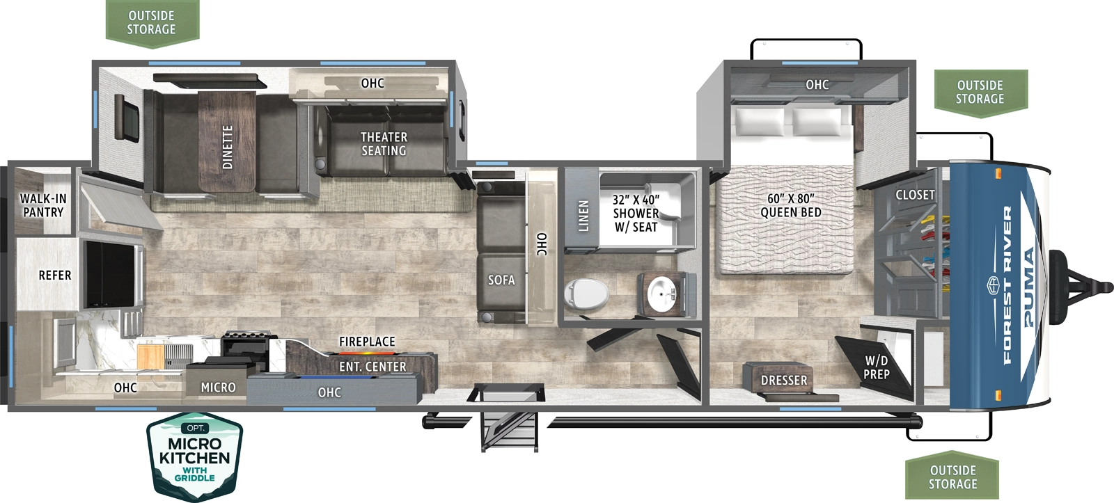The Puma 30RKQS floorplan has one entry and two slide outs. Exterior features include: metal exterior, 21' awning and outside kitchen. Interiors features include: rear kitchen and front bedroom.